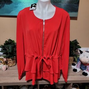 Rebel Wilson Angels Fiery Red Ruffle‎ Trim Zip Up Top Blouse jacket 2X New tie